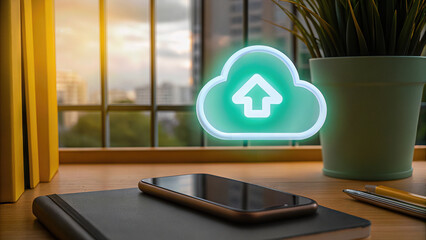 Luminous data connection icon in gradient blue and green floating above a dark matte smartphone on a modern desk with a panoramic city view through glass windows
