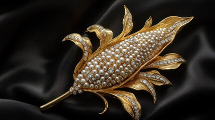 Corn broach with pearl and diamond on silk background. Jewelry close-up image