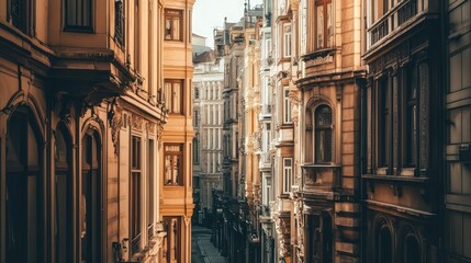 Narrow city street, old buildings, urban scene, travel background