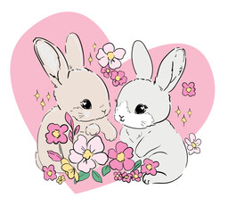 Hand Drawn Cute Bunny and wild flowers vector, design rabbit, kids print