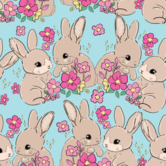 Hand Drawn Cute Rabbits and Flower background vector seamless, Little Bunny pattern Kids print
