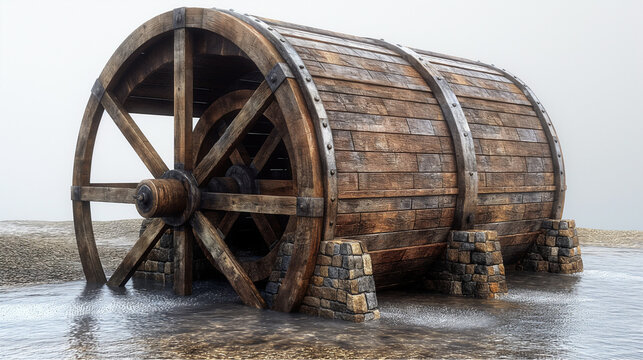 Large vintage wooden water wheel structure on stone base. Weathered design with misty background. Ideal for historical visuals, rural engineering themes, and rustic environment content.