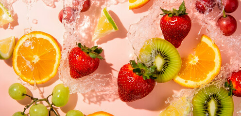 "Flatlay of various summer fruits — strawberries, kiwi, oranges, and grapes