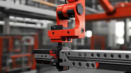 Fototapeta premium A robotic manipulator with electromagnetic gripping technology, carefully moving small metallic objects, set in a tech-driven factory environment