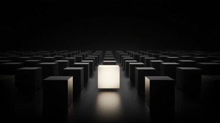 A single light source illuminates a room of black cubes.