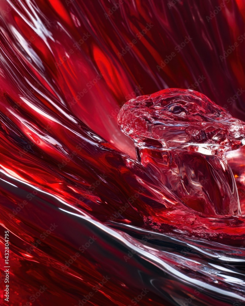 Poster dynamic splash of vibrant red liquid creating abstract waves and forms with captivating light play a