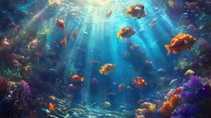 Obraz premium Vibrant underwater scene with colorful coral reef and fish swimming in sunlit ocean.