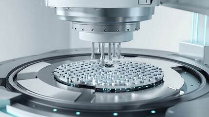 A robotic manipulator with fine tuned end effectors, placing small components in a sterile assembly environment, High-tech style