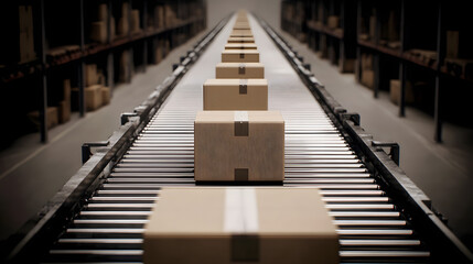 A close-up shot of cardboard boxes on the conveyor belt, representing logistics, packaging, and the flow of goods in a warehouse or production environment.
