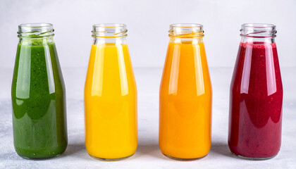Glass bottles filled with green, yellow, orange and red smoothies. Healthy beverage. Delicious drink