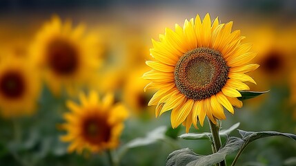Obraz premium Vibrant sunflowers in a field, bathed in warm light