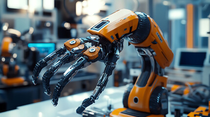 A robotic manipulator with flexible end effectors, assembling mechanical devices in a modern factory, High-tech style