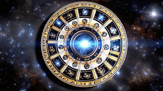 Explore a detailed zodiac wheel featuring celestial symbols that glow with vibrant colors, all set against the mesmerizing expanse of the cosmos