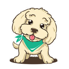 Cartoon illustration of a small, beige puppy with floppy ears and a fluffy coat.