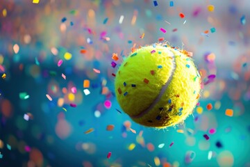 Tennis ball in flight, surrounded by colorful confetti