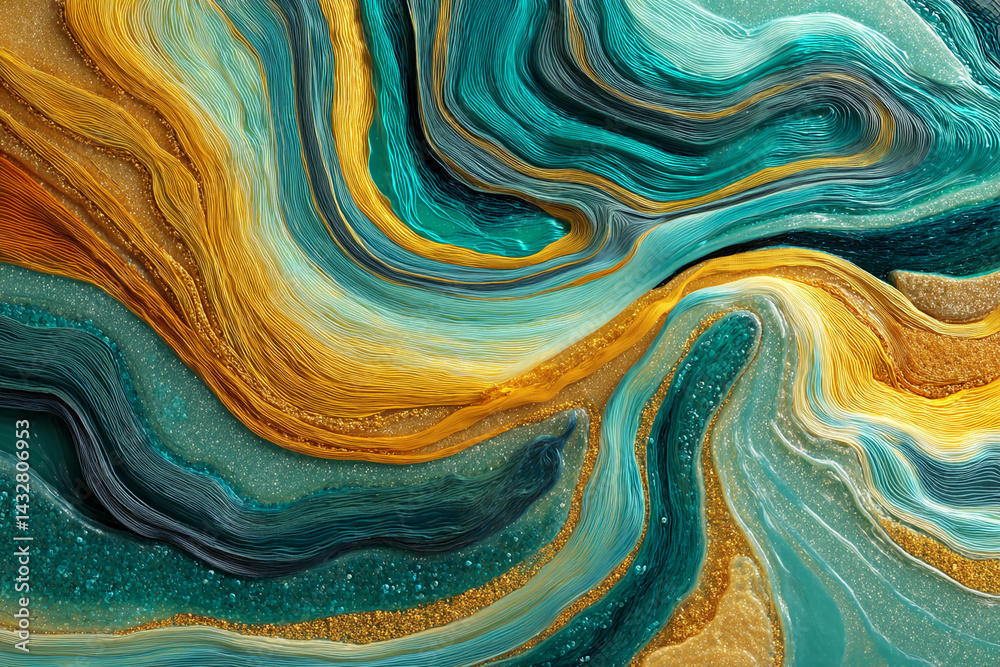 Poster Abstract image of swirling teal, gold, and beige textures resembling layered fabric or resin art, creating a luxurious and dynamic visual effect suitable for various design applications