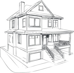Black and white line sketch of a two-story residential house with porch and stairs, architectural drawing.