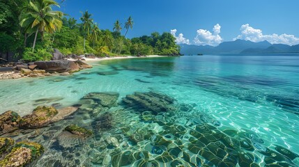Tropical beach with turquoise water and palm trees

