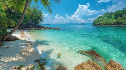 Tropical beach with turquoise water and palm trees

