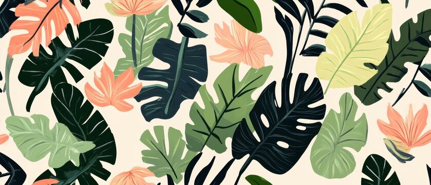 Tropical foliage pattern in vibrant colors with a playful brushstroke style evoking a sense of lushness and vitality perfect for backgrounds and designs