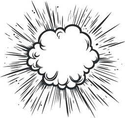 Black and white comic style explosion with burst lines and smoke cloud in center