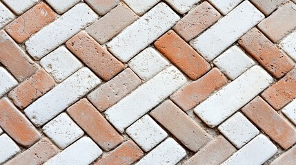 Obraz premium Diagonal basketweave cobblestone pattern featuring alternating shapes, creating a visually dynamic and textured surface ideal for pathways and outdoor spaces.
