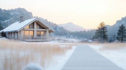A snowy cabin sits peacefully on a lake, surrounded by mountains.