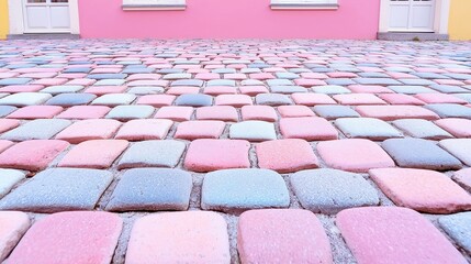 Fototapeta premium Pastel Cobblestone Pathway, a whimsical arrangement of multicolored stones, neatly lined in horizontal rows, creating a vibrant and playful outdoor space.