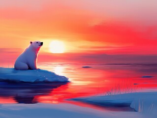 A majestic polar bear sitting on ice during a stunning sunset.
