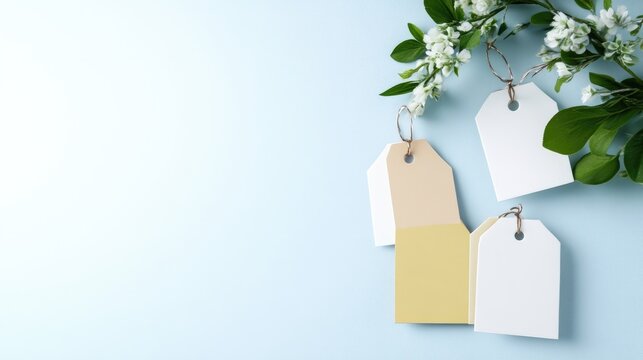 Blank paper gift tags hanging from a blossoming spring branch on a light blue background.