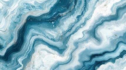 Abstract blue and white marble texture with gold glitter.