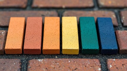 Seven rectangular color samples arranged on a brick surface. Colors range from terracotta to dark blue, showing variations in texture. Natural outdoor lighting.