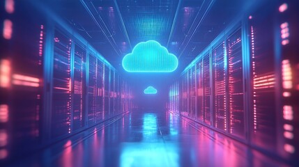 Naklejka premium Futuristic server room with cloud computing symbol