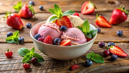 Creamy Erdbeereis with colorful mixed fruit pieces in a shallow bowl on a wooden table, garnished with fresh mint leaves and a sprig of rosemary, summer, kitchen