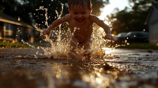 Happy toddler boy splashing joyfully in a muddy puddle on a suburban street during golden hour sunset.