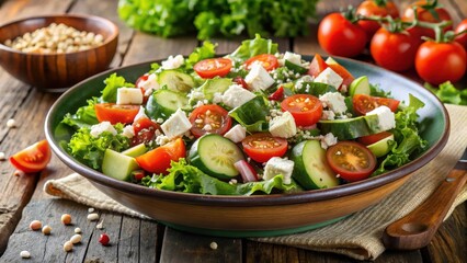 Crunchy mixed greens salad with fresh vegetables like tomatoes, cucumbers and carrots, topped with crumbled feta cheese and sumac seasoning in a shallow bowl, cheese, tomatoes