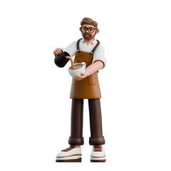 A 3D barista character making coffee art, ideal for culinary and restaurant-themed projects.