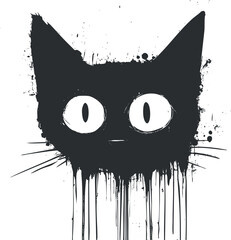 Abstract black cat face silhouette with large eyes and dripping paint effect on white background