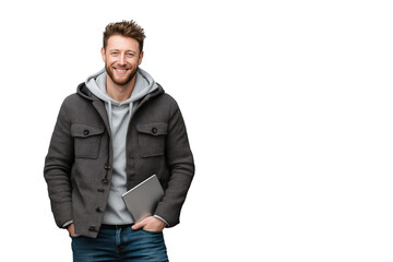 Fototapeta premium Lächelnder Mann in Hoodie mit Laptop PNG mit transparentem Hintergrund