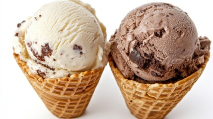 Delicious ice cream cones on a white background featuring vanilla and chocolate flavors showcasing sweet indulgence and summer treat with a clean studio shot