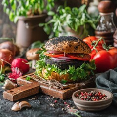 Delicious vegan burger with fresh vegetables on a rustic wooden board in a cozy kitchen setting featuring a dark background and a natural light source