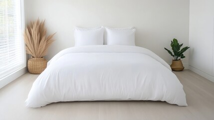 A pristine white bed with pillows, plants, and a window in a bright room.