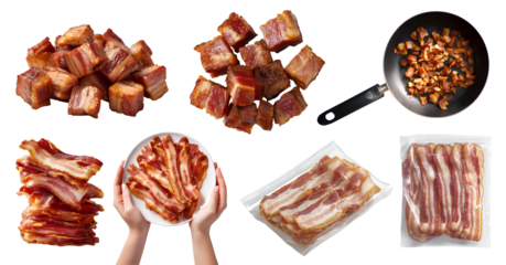 Collection set of crispy fried bacon meat salt-cured pork, in strips slice pieces cube bits, raw frozen sealed pack, hand hold plate, skillet fry pan on transparent cutout PNG. Mockup template