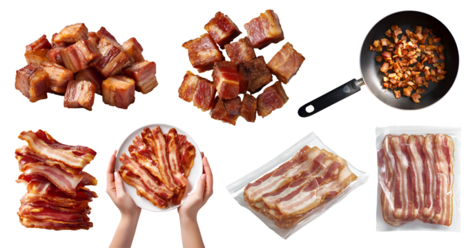 Collection set of crispy fried bacon meat salt-cured pork, in strips slice pieces cube bits, raw frozen sealed pack, hand hold plate, skillet fry pan on transparent cutout PNG. Mockup template