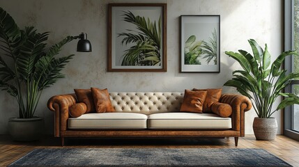 Sophisticated interior featuring a tufted sofa, lush plants, and artistic wall decor