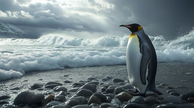 King Penguin Stands on Rocky Antarctic Beach During Storm