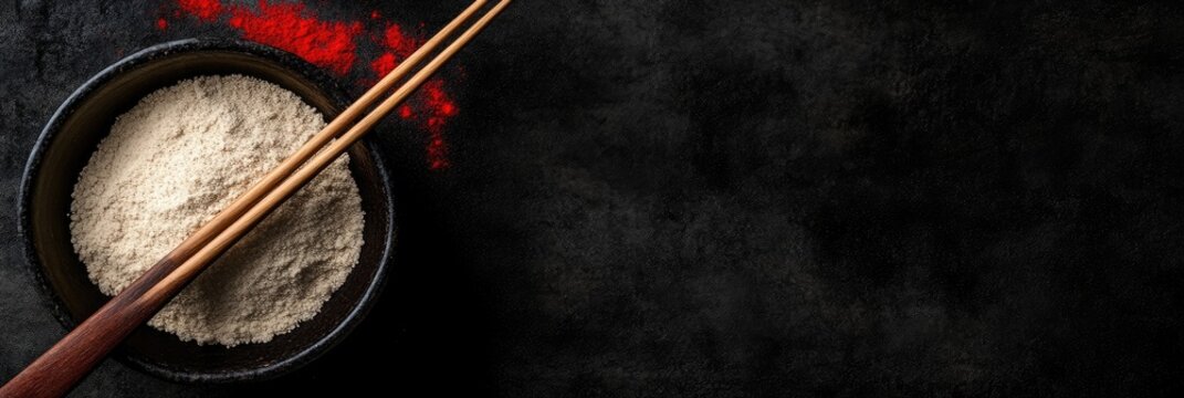 Bowl of white flour with wooden chopsticks and red spice on a dark textured stone background.