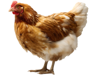 A single brown and white hen stands, displaying its plumage and typical farmyard appearance.