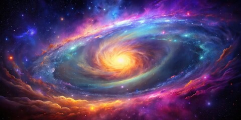 Obraz premium Cosmic explosion of vibrant hues with swirling colors and twinkling stars against a deep purple background, nebula effect, deep space imagery