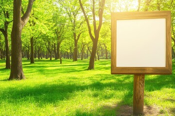 Empty wooden sign in a lush park